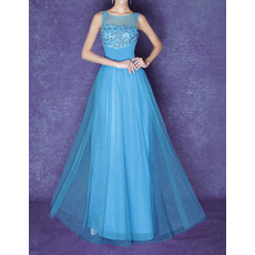 Sheer Bateau Floor Length Organza Evening Dresses