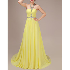 Custom A-Line Beading Halter Sweep Train Chiffon Evening Dresses