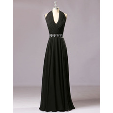 Halter Floor Length Chiffon Black Evening Dresses