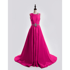 Formal A-Line Sleeveless Court Train Satin Backless Evening Dresses