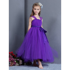 Custom Ball Gown Straps Tea Length Tulle Little Girls Party Dresses
