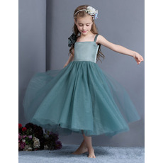 Affordable Straps Tea Length Organza Little Girls Holiday Dresses