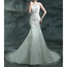 Mermaid Sleeveless Chapel Train Satin Tulle Wedding Dresses