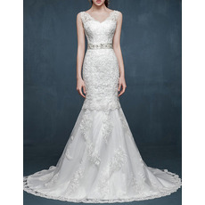 Designer Mermaid V-Neck Sleeveless Sweep Train Satin Wedding Dresses