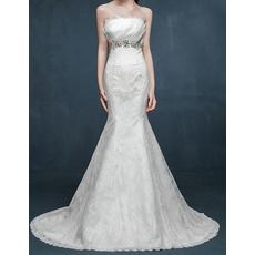 Discount Mermaid Strapless Sleeveless Sweep Train Lace Wedding Dresses