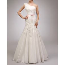 Custom Trumpet One Shoulder Floor Length Organza Wedding Dresses