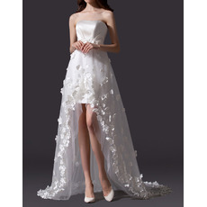 Designer Strapless High-Low Satin Tulle Applique Wedding Dresses