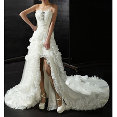 Discount Strapless High-Low Chapel Train Satin Wedding Dresses