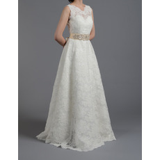 Vintage A-Line Sleeveless Floor Length Lace Wedding Dresses with Belts