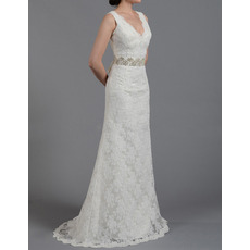 Spring Sheath V-Neck Sleeveless Floor Length Lace Wedding Dresses