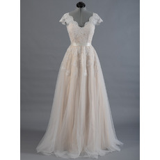 V-Neck Floor Length Tulle Wedding Dresses with Short Sleeves