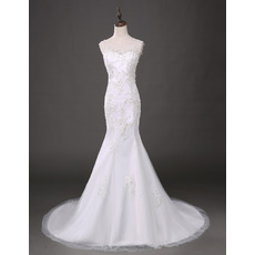 Inexpensive Sheath Round Neck Chapel Train Tulle Wedding Dresses