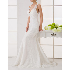 Inexpensive Sexy Sheath V-Neck Sweep Train Lace Wedding Dresses