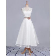 Affordable A-Line V-Neck Tea Length Satin Wedding Dresses with Belts