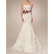 Custom Sheath Floor Length Satin Tulle Wedding Dresses with Belts