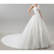 Elegant A-Line Straps Cathedral Train Satin Tulle Wedding Dresses