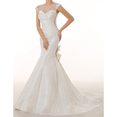 Inexpensive Trumpet Cap Sleeves Long Lace Tulle Wedding Dresses