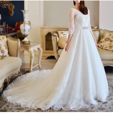 Luxurious A-Line Cathedral Train Wedding Dresses with Tulle Sleeves