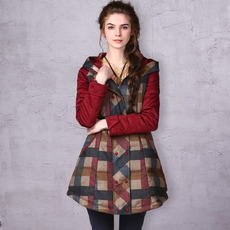 Women's Casual Winter Slim Plaid Hooded Long Down Coats Parkas