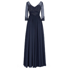 New V-Neck Floor Length Chiffon Mother Dresses with 3/4 Sleeves
