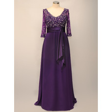 Custom V-Neck Floor Length Chiffon Mother Dresses with 3/4 Sleeves