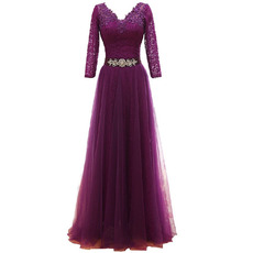 Modest V-Neck Tulle Mother Dresses with 3/4 Long Lace Sleeves