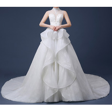 Luxurious High-Neck Chapel Train Organza Lace-Up Wedding Dresses