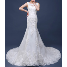 Sheath Court Train Satin Tulle Applique Wedding Dresses