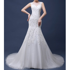 Custom Sexy Sheath Court Train Satin Tulle Applique Wedding Dresses