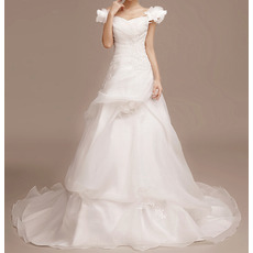 Custom Off-the-shoulder Sweep Train Satin Tulle Wedding Dresses