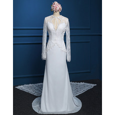 Affordable Chiffon Wedding Dresses with Long Lace Sleeves and Train