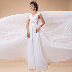 A-Line V-Neck Chapel Train Chiffon Wedding Dresses