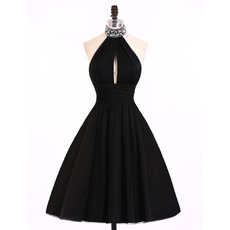 New A-Line Halter Knee Length Satin Black Homecoming Dresses