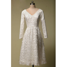 Inexpensive V-Neck Tea Length Lace Homecoming Dress with Long Sleeves