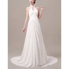 Custom Sheath Halter Sleeveless Sweep Train Chiffon Wedding Dresses