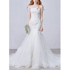 Affordable Trumpet Strapless Chapel Train Applique Wedding Dresses