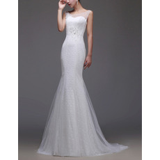 Elegant Sheath Sleeveless Sweep Train Lace Tulle Wedding Dresses