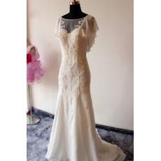 Elegant Sheath Cap Sleeves Sweep Train Chiffon Applique Wedding Dresses