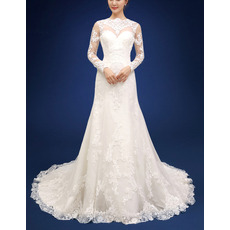 Custom Sheath Long Organza Backless Wedding Dresses with Long Sleeves