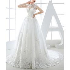Luxurious Ball Gown Mandarin Collar Chapel Train Organza Wedding Dress