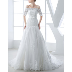 Off-the-shoulder Organza Wedding Dresses with Short Sleeves