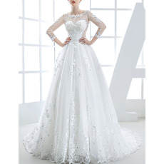 Custom Chapel Train Organza Applique Wedding Dresses with Long Sleeves