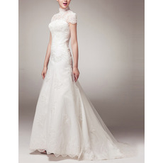 Vintage Mandarin Collar Short Sleeves Sweep Train Organza Wedding Dress