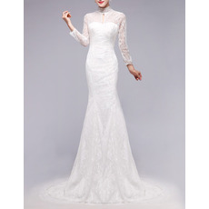 Custom Sheath Mandarin Collar Lace Wedding Dresses with Long Sleeves