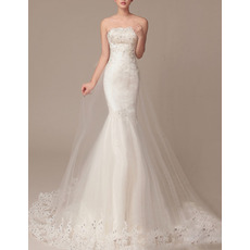 Sexy Sheath Strapless Sleeveless Sweep Train Organza Wedding Dresses