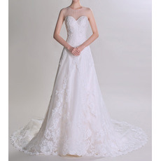 Custom Sweetheart Sheer Neckline Court Train Tulle Wedding Dresses