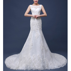 Elegant Sheath Round Neckline Court Train Organza Wedding Dresses