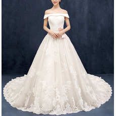 Luxurious A-Line Off-the-shoulder Chapel Train Organza Wedding Dresses