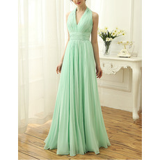 Sexy Halter V-Neck Sleeveless Long Chiffon Pleated Evening Dresses