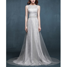 Custom Sleeveless Sweep Train Lace Evening Dress with Organza Overlap